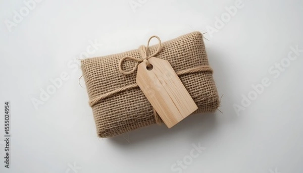 Fototapeta Rustic Gift Wrapped in Burlap with Wooden Tag on a White Background