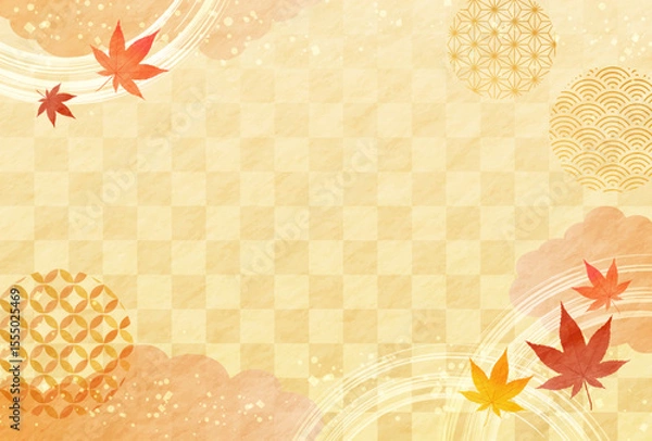 Fototapeta 秋　紅葉と和柄の和風　和紙の背景