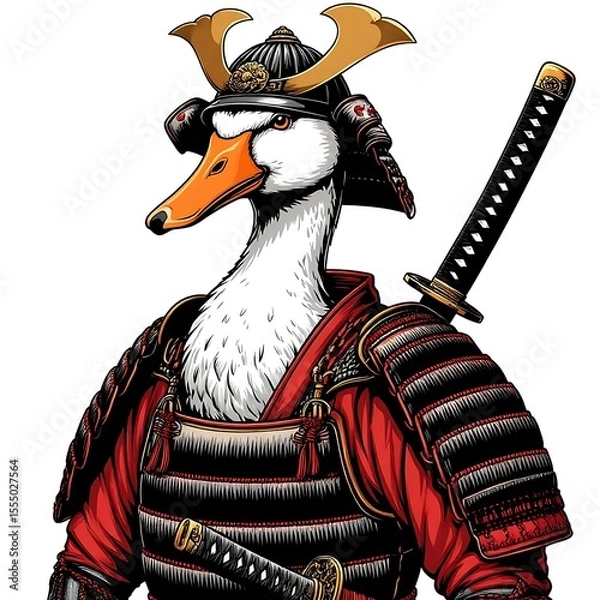 Fototapeta A Fierce Duck Warrior in Detailed Japanese Armor with a Katana on a White Background