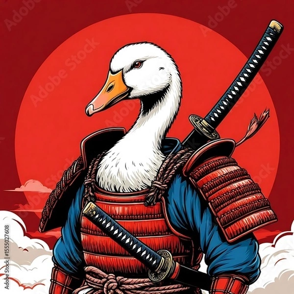 Fototapeta A Noble Fowl Warrior in Japanese Armor against a Red Sun