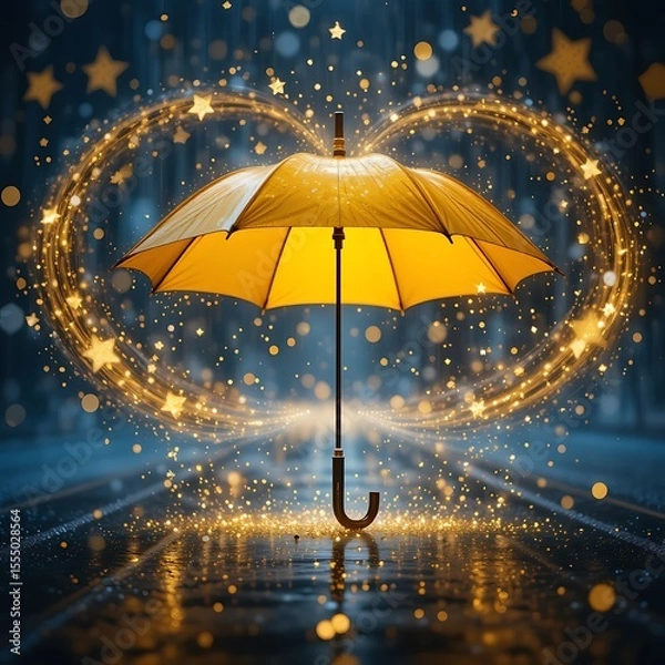 Fototapeta Golden Umbrella Sparkling in Rain with Glowing Stars and Bokeh Effect