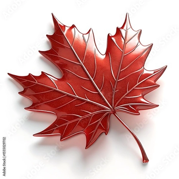 Obraz Shiny red maple leaf with detailed veins on white background