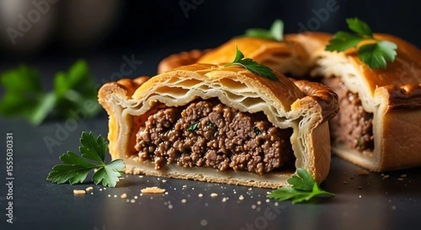 Fototapeta Delicious savory meat pie with flaky crust and fresh parsley garnish