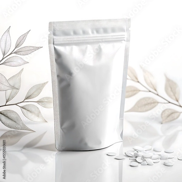 Obraz Clean white pouch packaging with delicate leaf design and scattered white pills