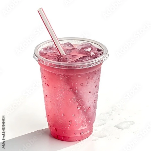 Obraz Refreshing pink beverage with ice and straw in a clear plastic cup