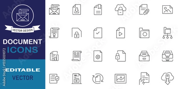 Fototapeta Document icon set. Included icons as file, folder, page, agreement, passport, paperwork, checklist and more. Document set of web icons in line style. Vector illustration.