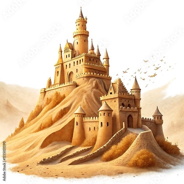 Obraz Magnificent fantasy sandcastle fortress perched on a desert dune with flying creatures