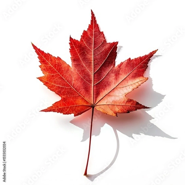 Obraz Single vibrant red maple leaf with detailed veins casting a shadow on a white background