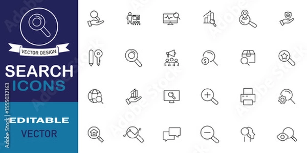 Fototapeta Search icon set. Included icons as magnifying glass, find, research, zoom and more. Set of 24 line icons related to search. Vector illustration.