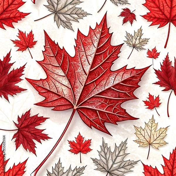 Obraz Vibrant red and beige maple leaves scattered across a textured white background
