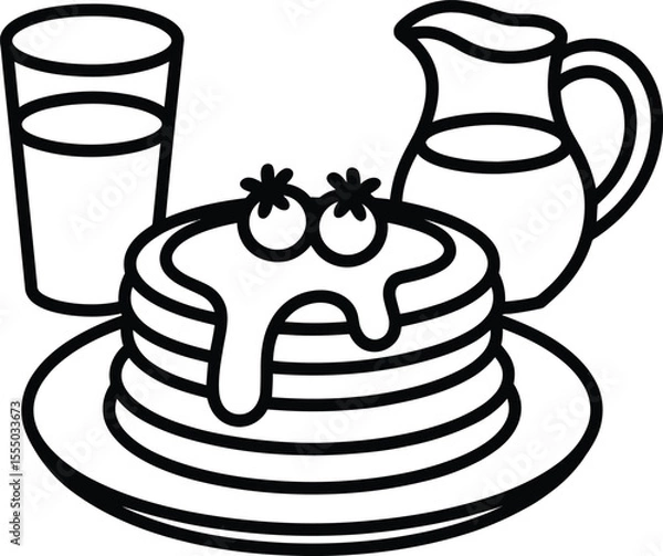Fototapeta Black and white line art illustration of pancakes with berries and syrup accompanied by a glass of milk and a pitcher perfect for breakfast menus
