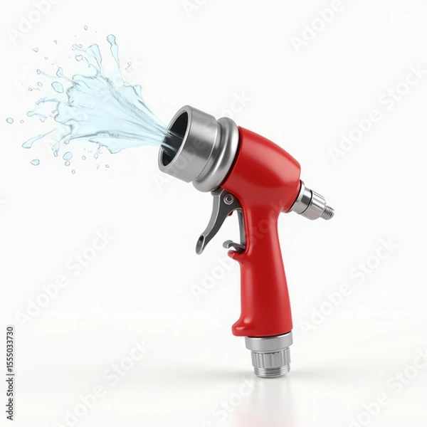 Fototapeta 3D Fire Hose Nozzle with Red Handle Spraying Water