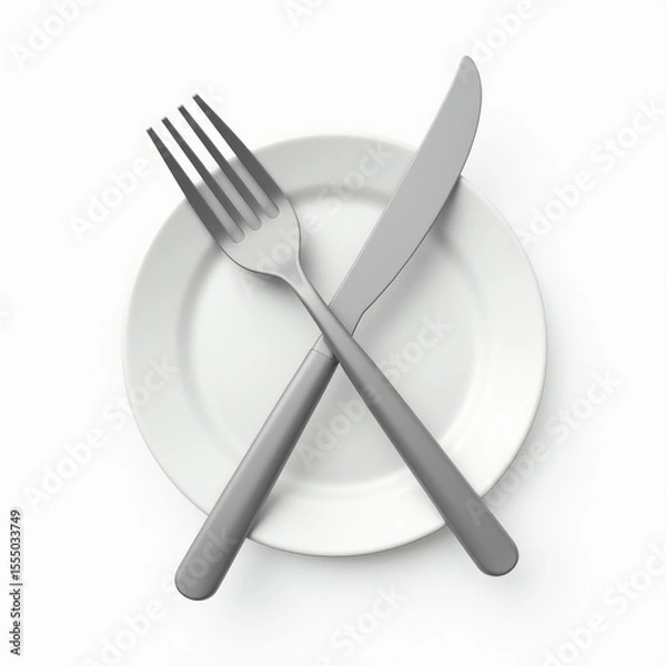 Fototapeta 3D Floating Fork and Knife Crossed Over Plate Isolated on White Background