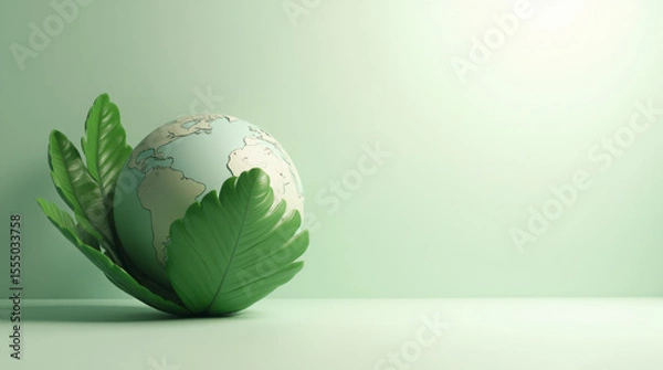 Fototapeta 3D Environment Globe Partially Wrapped in Green Leaf on White Background