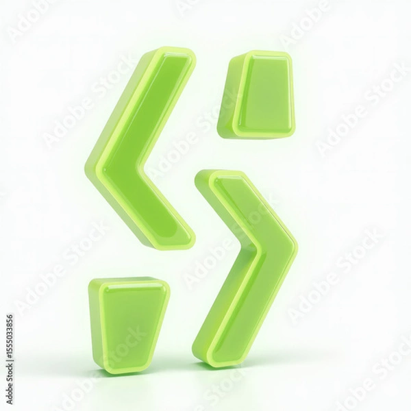 Fototapeta 3D Glowing Code Brackets Icon in Neon Green and Yellow Floating Mid-Air