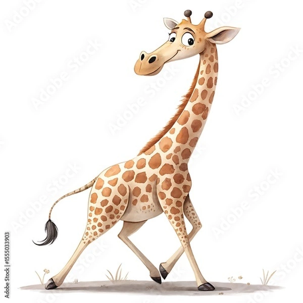 Obraz Cute cartoon giraffe walking with a happy expression on a white background