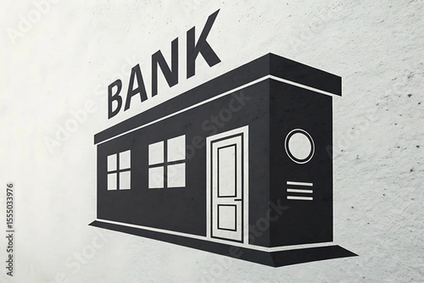 Obraz Stylized black bank building with the word bank in large letters on a textured white wall