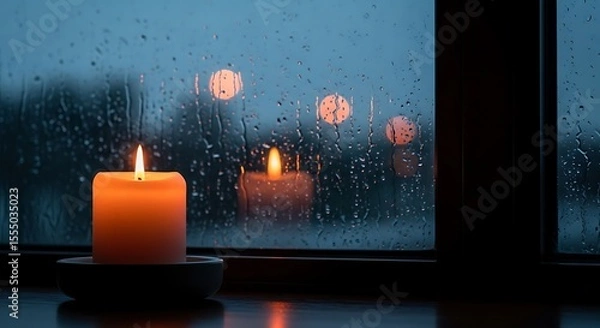 Fototapeta Candle burning brightly on a rainy day, creating a cozy atmosphere indoors