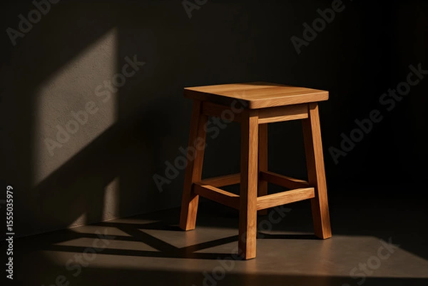 Fototapeta A wooden stool casting shadows in a minimalistic interior setting with dramatic lighting.