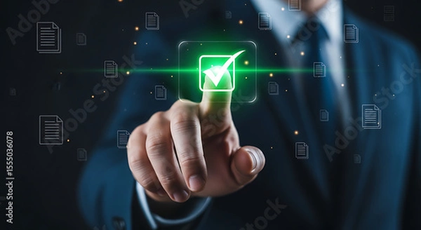 Fototapeta Businessman's hand presses a virtual button on a digital touchscreen, illustrating a future concept of technology and communication