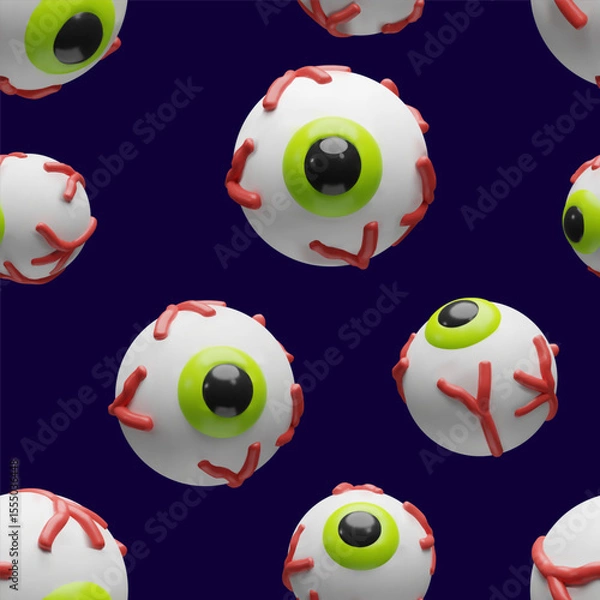 Fototapeta A seamless 3D Halloween pattern of floating cartoon eyeballs with green irises and red veins on a blue background. The playful and spooky design is for packaging, textiles, wallpapers, decorations.