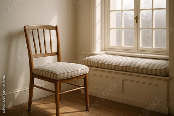 Fototapeta Cozy corner with a wooden chair and a cushioned window seat bathed in natural light.