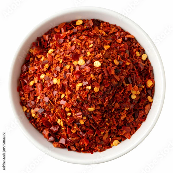 Fototapeta Fiery Chili Flakes in a Bowl: A vibrant, close-up shot highlights a bowl of coarsely crushed red chili flakes, the fiery essence of culinary excitement.