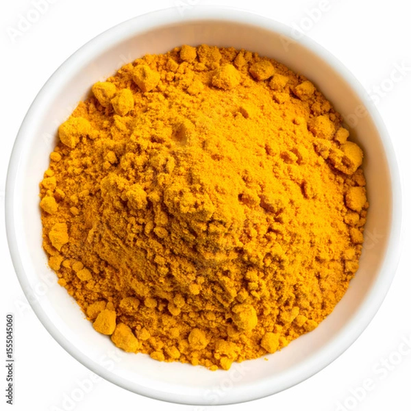 Fototapeta Turmeric Powder in a Bowl: Capturing a vibrant top-down view of golden-hued turmeric powder elegantly displayed in a pristine white bowl.