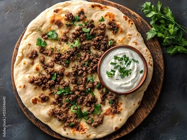 Fototapeta Ground Lamb Flatbreads with Yogurt: A Flavor-Packed Middle Eastern-Inspired Dish, pizza with mushrooms and cheese