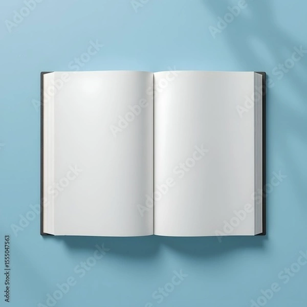 Fototapeta Open Book Mockup on Blue: A clean and simple mockup showcasing an open hardback book with blank, white pages against a light blue background, perfect for showcasing your own designs or text.