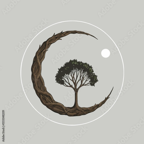 Fototapeta vector green tree with leaves, and This is a picture of the tree of life, in which there is a moon and a tree