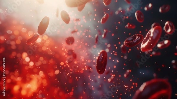Fototapeta red blood cells in a blue background. Concept of chaos and disorder, as the red blood cells are scattered and disorganized. The blue background adds a sense of calmness