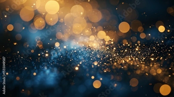 Fototapeta Golden light shine particles bokeh on navy blue background. Holiday. Abstract background with Dark blue and gold particle, shine, bright, sparkle, magical, glittering, texture, effect, space