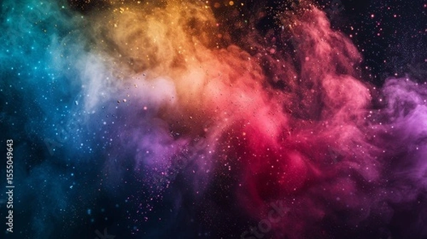 Fototapeta Colored powder explosion, A colorful, multi-colored background with a lot of small dots. The background is a mix of blue, red, and yellow