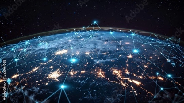 Fototapeta planet with a network of lines connecting it to other planets. Connections system and global datas exchanges over the globe 3D rendering elements of this image