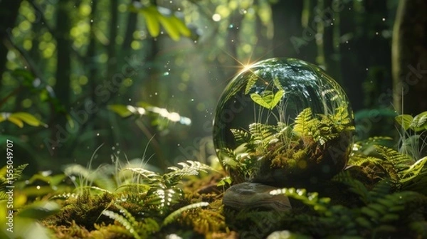Fototapeta Environment Concept, ball is surrounded by green grass and trees, creating a peaceful and serene atmosphere. The sunlight is shining on the ball