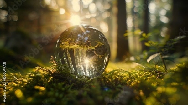 Fototapeta Environment Concept, ball is surrounded by green grass and trees, creating a peaceful and serene atmosphere. The sunlight is shining on the ball