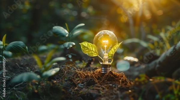 Fototapeta light bulb is lit up and is surrounded by green leaves. The light bulb is glowing brightly, creating a warm and inviting atmosphere. Concept of growth and vitality