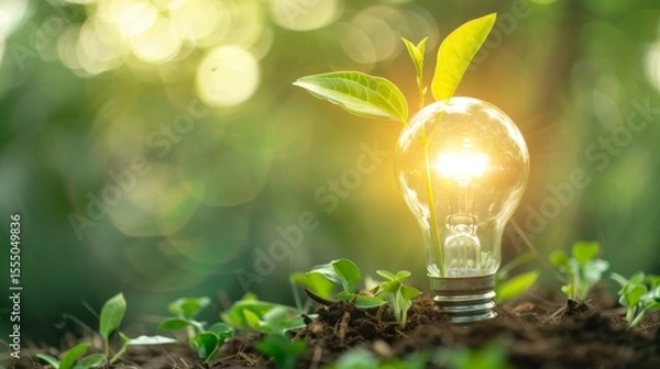 Fototapeta light bulb is lit up and is surrounded by green leaves. The light bulb is glowing brightly, creating a warm and inviting atmosphere. Concept of growth and vitality