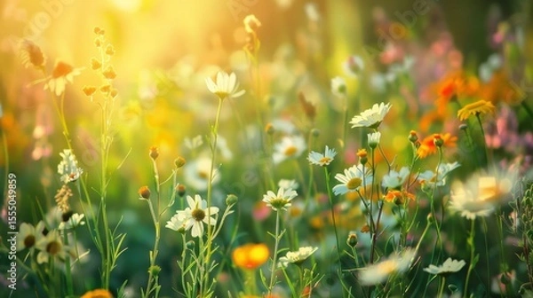 Fototapeta Nature background. Beautiful summer meadow background. Inspirational nature, field of flowers with a bright sun shining on them. flowers are yellow and pink. Scene is cheerful and peaceful