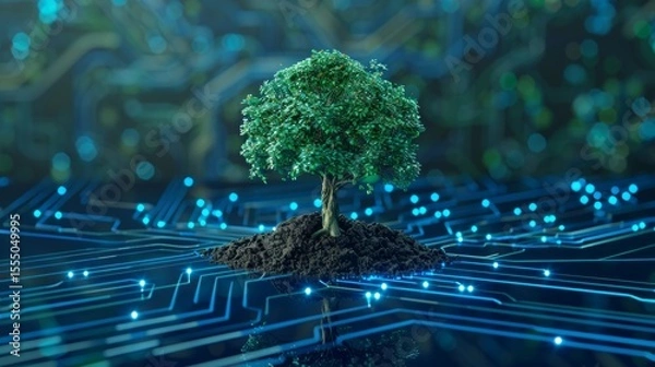 Fototapeta Tree with soil growing on the converging point of computer circuit board. Blue light and wireframe network background. Green Computing, Green Technology, Green IT, csr, and IT ethics Concept