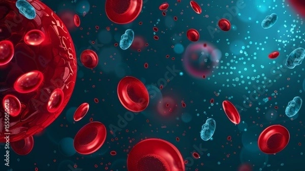 Fototapeta close up of a red and blue virus with red blood cells surrounding it. The red blood cells are scattered throughout the image, with some closer to the virus and others further away