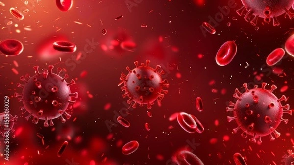 Fototapeta close up of a red and blue virus with red blood cells surrounding it. The red blood cells are scattered throughout the image, with some closer to the virus and others further away