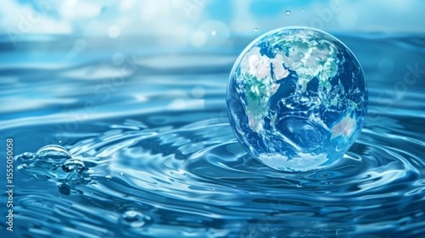 Fototapeta World Water Day concept with world in clean water drop on and fresh blue water ripples design, Environment save and ecology theme concept