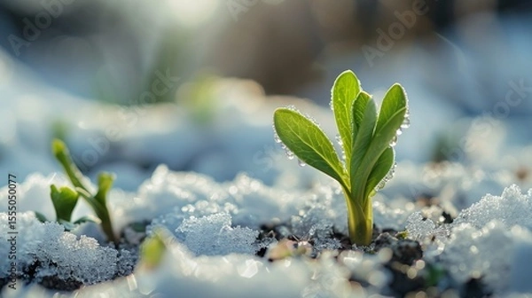 Fototapeta green sprout emerging from snowy frozen ground announcing end of winter end beginning of spring season, ice, bright, environment, life, concept, new, sunlight, light,