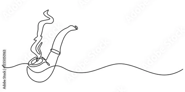 Fototapeta One continuous line drawing smoking pipe with smoke. Vintage tobacco pipe isolated on white background. Tube for smoking tobacco concept in a minimalistic linear style . Vector illustration.          