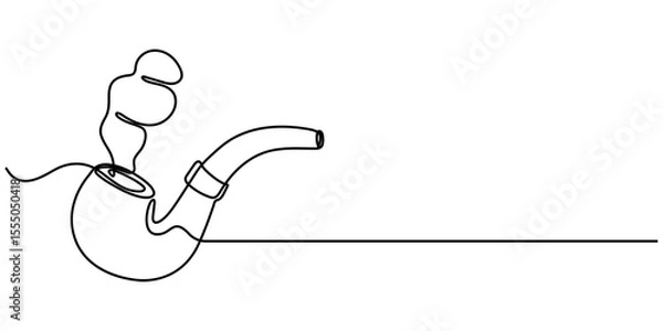 Fototapeta One continuous line drawing smoking pipe with smoke. Vintage tobacco pipe isolated on white background. Tube for smoking tobacco concept in a minimalistic linear style . Vector illustration.          