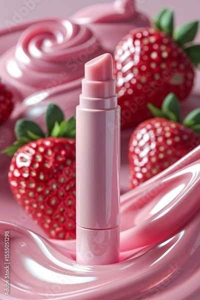 Fototapeta A pink lip balm is surrounded by strawberries and a pink background