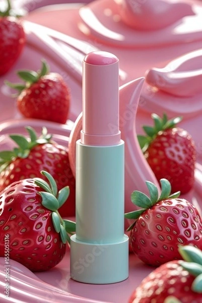 Fototapeta A close up of a strawberry and a green and white lip balm