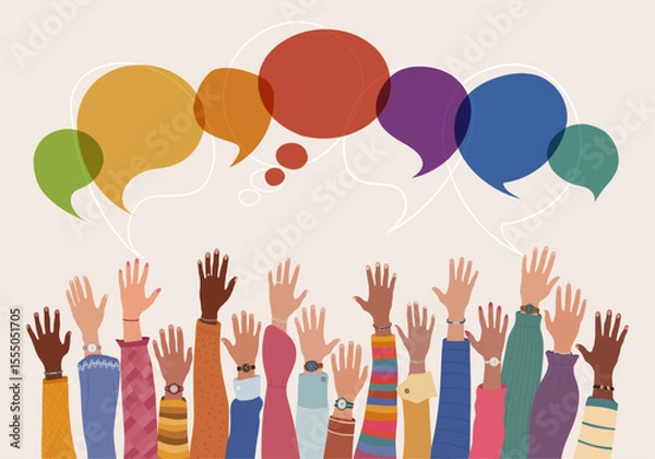 Fototapeta Anonymous multicultural group of people with hand raised speech bubble racial equality communication diversity and inclusion isolated